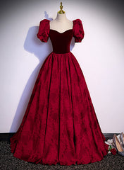 Wine Red Sweetheart Short Sleeves Long Party Dress, Wine Red Evening Dress Corset Prom Dress outfits, 2031 Prom Dress
