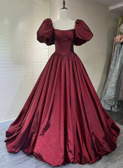 Wine Red Taffeta Short Sleeves Long Corset Formal Dress, Wine Red Evening Dress Corset Prom Dress outfits, Bridesmaid Dresses Strapless