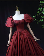 Wine Red Taffeta Short Sleeves Long Corset Prom Dress, Wine Red Evening Dress Corset Formal Dress outfit, Bridesmaid Dress Floral