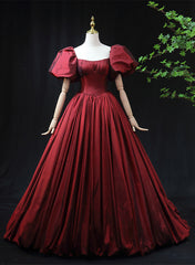 Wine Red Taffeta Short Sleeves Long Corset Prom Dress, Wine Red Evening Dress Corset Formal Dress outfit, Bridesmaids Dress Floral
