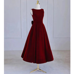 Wine Red Tea Length Velvet Party Dress with Bow, Burgundy Corset Wedding Party Dresses outfit, Wedding Dress Spring