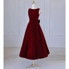 Wine Red Tea Length Velvet Party Dress with Bow, Burgundy Corset Wedding Party Dresses outfit, Wedding Dresses Spring