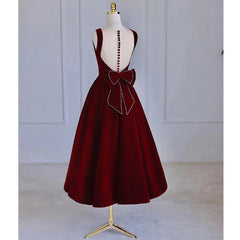 Wine Red Tea Length Velvet Party Dress with Bow, Burgundy Corset Wedding Party Dresses outfit, Wedding Dress Outlets