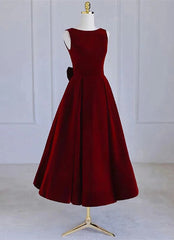 Wine Red Tea Length Velvet Party Dress with Bow, Burgundy Corset Wedding Party Dresses outfit, Wedding Dresses For Bride 2024