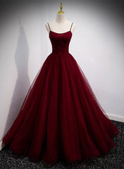 Wine Red Tulle Straps Long Evening Dress Party Dress,Wine Red Corset Prom Dress outfits, Party Dress Outfits