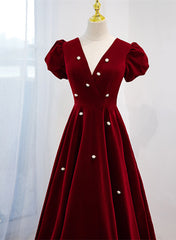 Wine Red V-neckline Velvet Corset Prom Dress Party Dress, A-line Corset Wedding Party Dress Outfits, Wedding Dress Price
