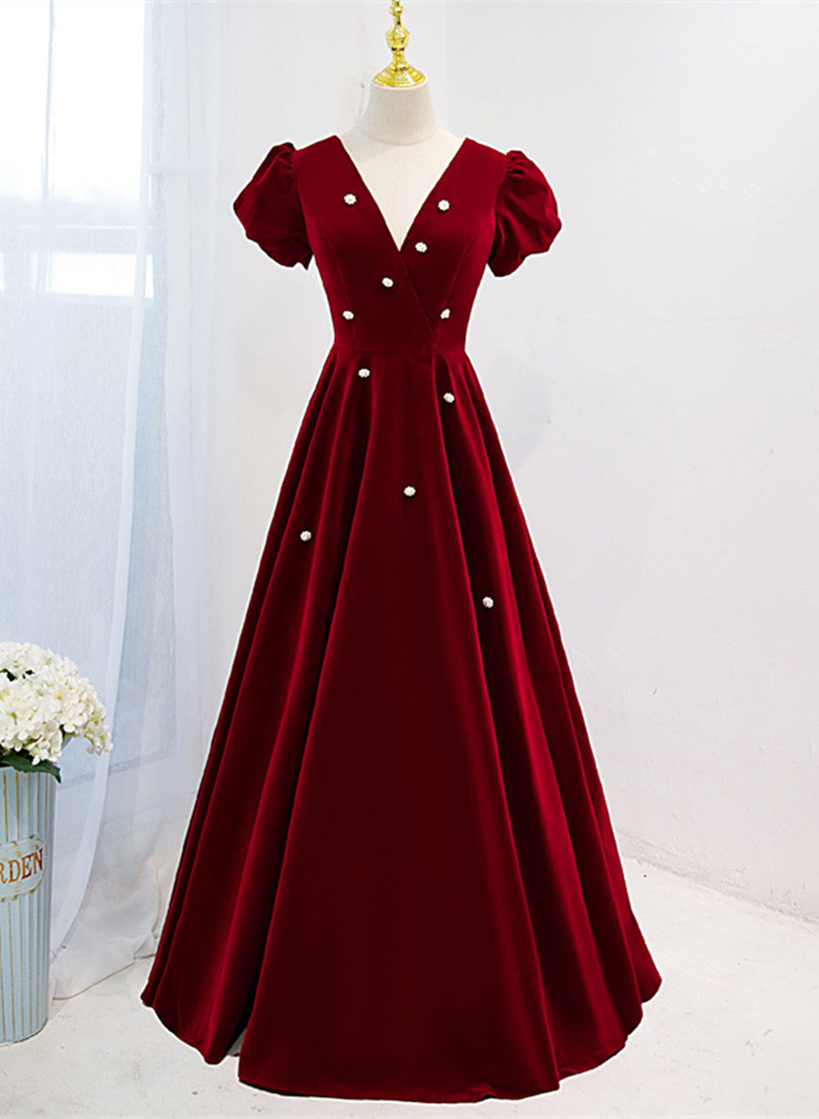 Wine Red V-neckline Velvet Corset Prom Dress Party Dress, A-line Corset Wedding Party Dress Outfits, Wedding Dresses Prices