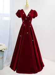 Wine Red V-neckline Velvet Corset Prom Dress Party Dress, A-line Corset Wedding Party Dress Outfits, Wedding Dresses Prices