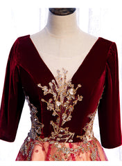 Wine Red Velvet 1/2 Sleeves Long Party Dress with Lace, A-line Junior Corset Prom Dress outfits, Formal Dresses Outfits