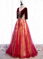 Wine Red Velvet 1/2 Sleeves Long Party Dress with Lace, A-line Junior Corset Prom Dress outfits, Formal Dress Outfit
