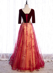 Wine Red Velvet 1/2 Sleeves Long Party Dress with Lace, A-line Junior Corset Prom Dress outfits, Formal Dressing Style