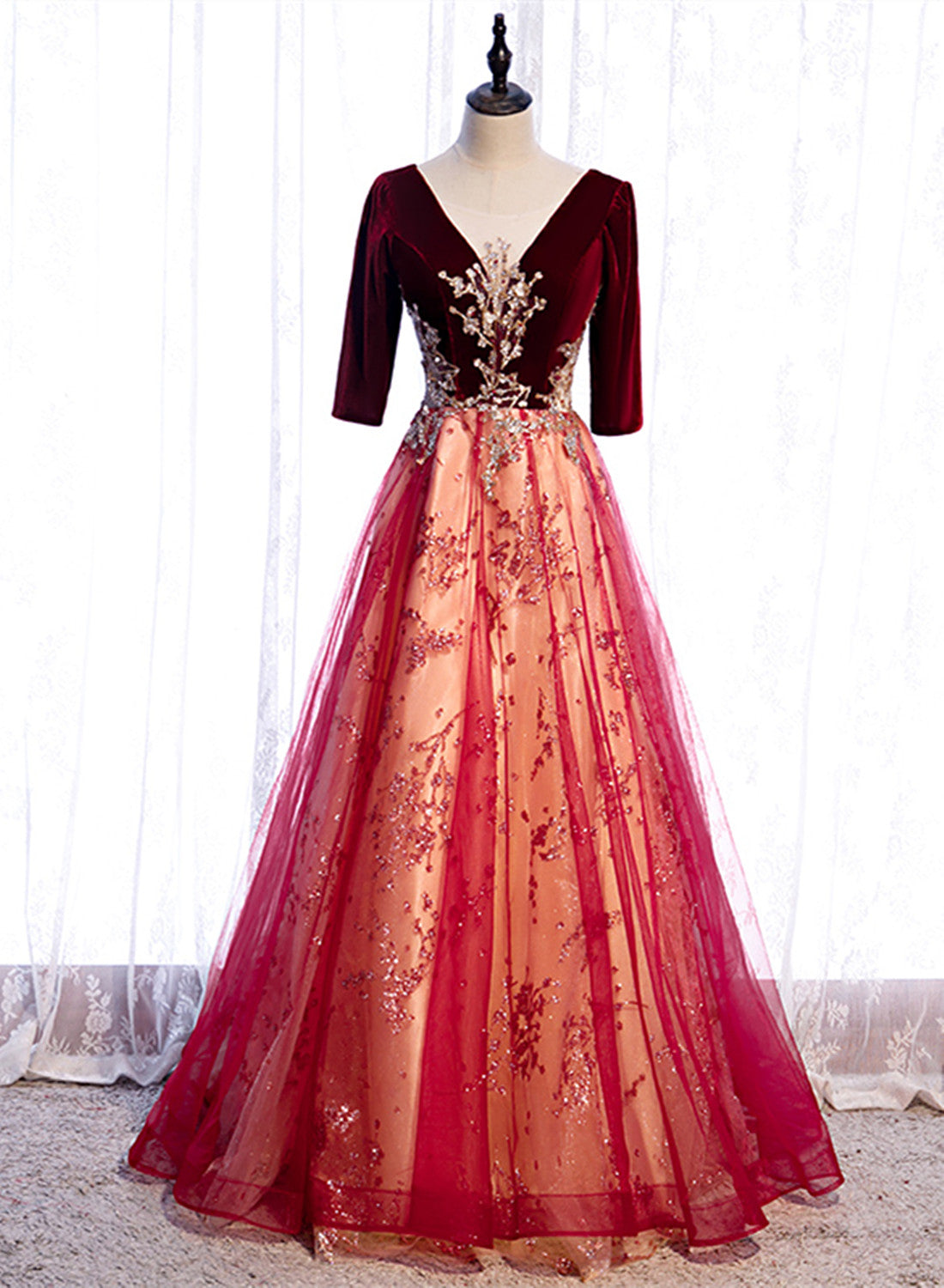 Wine Red Velvet 1/2 Sleeves Long Party Dress with Lace, A-line Junior Corset Prom Dress outfits, Formal Dresses Outfit