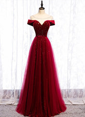 Wine Red Velvet and Tulle Long Corset Prom Dress, A-line Wine Red Floor Length Corset Prom Dress outfits, Formal Dress Off The Shoulder