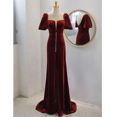 Wine Red Velvet Long Round Neckline Party Dress, Wine Red Corset Prom Dresses outfit, Navy Blue Dress