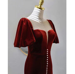 Wine Red Velvet Long Round Neckline Party Dress, Wine Red Corset Prom Dresses outfit, Black Gown