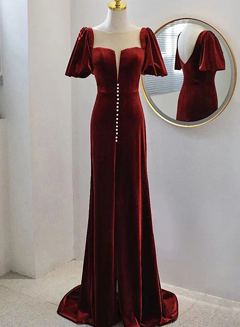 Wine Red Velvet Long Round Neckline Party Dress, Wine Red Corset Prom Dresses outfit, Chiffon Dress