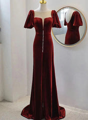 Wine Red Velvet Long Round Neckline Party Dress, Wine Red Corset Prom Dresses outfit, Chiffon Dress