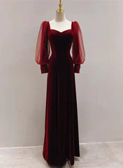 Wine Red Velvet Long Sleeves Floor Length Corset Bridesmaid Dress, Wine Red Long Corset Prom Dress outfits, Formal Dresses Truworths