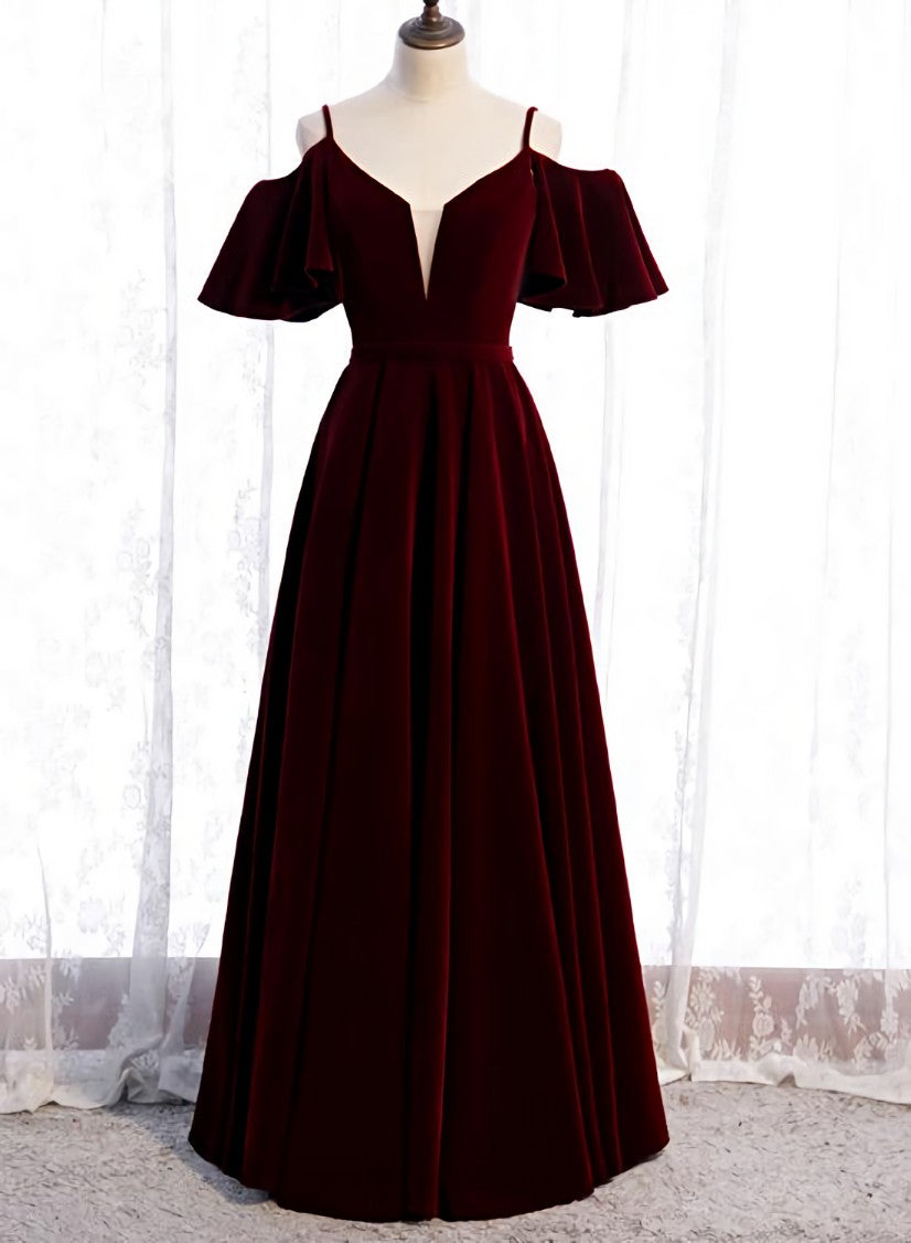 Wine Red Velvet Off Shoulder Floor Length Party Dress, Velvet Junior Corset Prom Dress outfits, Party Dress Ball