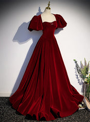 Wine Red Velvet Puffy Sleeves Long Party Dress, Wine Red Long Corset Prom Dress outfits, Party Dresses Maxi