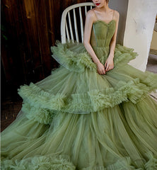 Princess Spaghetti Straps Green Tulle Long Dress A line Tiered Corset Formal Dress outfit, Party Dress Nye