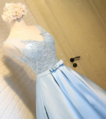 Sky Blue A Line V Neck Short Corset Prom Dresses, Appliques Lace Corset Homecoming Dresses outfit, Prom Dress Ideas