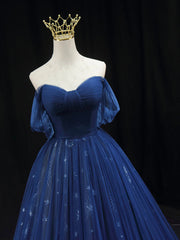 Beautiful Blue Tulle Floor Length Corset Prom Dress, A-Line Off the Shoulder Princess Dress Evening Dress outfit, Bridesmaid Dress Trends
