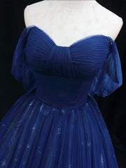 Beautiful Blue Tulle Floor Length Corset Prom Dress, A-Line Off the Shoulder Princess Dress Evening Dress outfit, Bridesmaid Dress Color