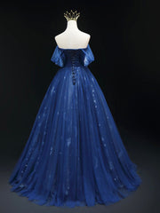 Beautiful Blue Tulle Floor Length Corset Prom Dress, A-Line Off the Shoulder Princess Dress Evening Dress outfit, Bridesmaids Dresses Colors