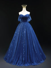 Beautiful Blue Tulle Floor Length Corset Prom Dress, A-Line Off the Shoulder Princess Dress Evening Dress outfit, Bridesmaid Dress Long