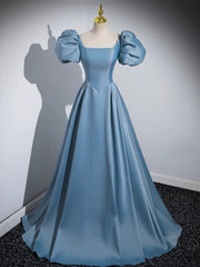 Blue Puff Sleeve Satin Floor Length Corset Prom Dress, Blue A-Line Evening Party Dress Outfits, Flower Girl