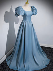 Blue Puff Sleeve Satin Floor Length Corset Prom Dress, Blue A-Line Evening Party Dress Outfits, Bride Dress