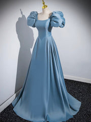 Blue Puff Sleeve Satin Floor Length Corset Prom Dress, Blue A-Line Evening Party Dress Outfits, Gala Dress