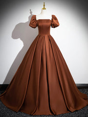 Brown Satin Floor Length Corset Prom Dress , Off the Shoulder A-Line Evening Dress outfit, On Shoulder Dress