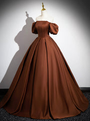 Brown Satin Floor Length Corset Prom Dress , Off the Shoulder A-Line Evening Dress outfit, Cute Summer Dress