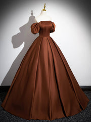 Brown Satin Floor Length Corset Prom Dress , Off the Shoulder A-Line Evening Dress outfit, Homecoming
