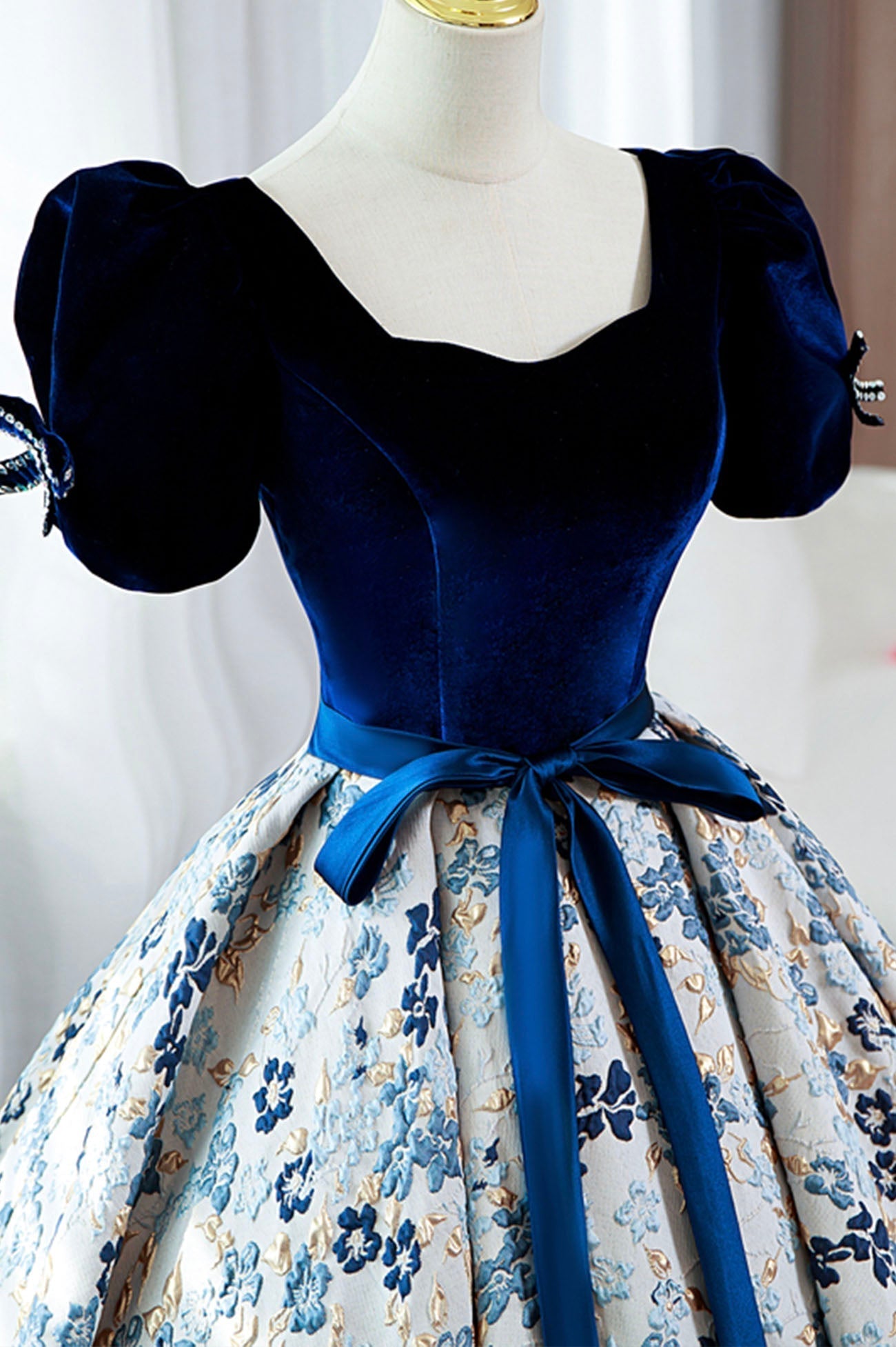 Blue Short Sleeve A-Line Floor Length Corset Prom Dress, Blue Evening Dress outfit, Party Dress Design