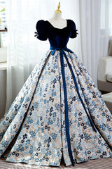 Blue Short Sleeve A-Line Floor Length Corset Prom Dress, Blue Evening Dress outfit, Party Dress Designs