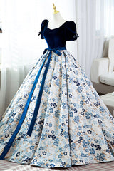 Blue Short Sleeve A-Line Floor Length Corset Prom Dress, Blue Evening Dress outfit, Party Dress Teens