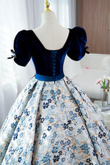 Blue Short Sleeve A-Line Floor Length Corset Prom Dress, Blue Evening Dress outfit, Party Dress Maxi