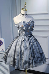 Gray Short Strapless Tulle Corset Prom Dress, Cute A-Line Party Dress Outfits, Prom Dresses Stores Near Me