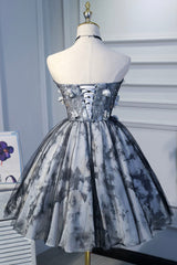 Gray Short Strapless Tulle Corset Prom Dress, Cute A-Line Party Dress Outfits, Prom Dress Store Near Me
