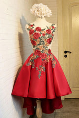 A Line Red Appliques Lace High Low Lace Up Satin Scoop Corset Homecoming Dresses outfit, Bow Dress