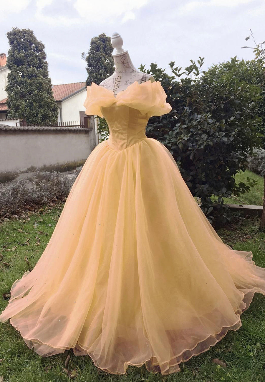 Yellow Tulle Long Corset Prom Dresses, A-Line Evening Dresses outfit, Prom 2045