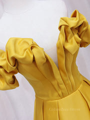 Yellow A-line Satin Long Corset Prom Dress, Yellow Corset Formal Dress outfit, Vintage Dress