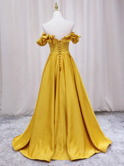 Yellow A-line Satin Long Corset Prom Dress, Yellow Corset Formal Dress outfit, Classy Prom Dress