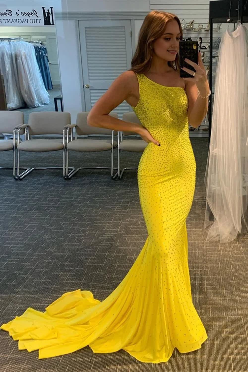 Yellow Beaded Mermaid Corset Prom Dress outfits, Yellow Beaded Mermaid Prom Dress