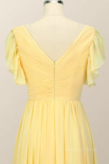 Yellow Chiffon A-line Pleated Long Corset Bridesmaid Dress outfit, Bridesmaids Dresses Different Styles