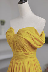 Yellow Chiffon Long A-Line Corset Prom Dress, Simple Yellow Evening Dress with Slit Gowns, Evening Dresses Cocktail