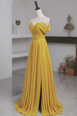 Yellow Chiffon Long A-Line Corset Prom Dress, Simple Yellow Evening Dress with Slit Gowns, Evening Dress Mermaid